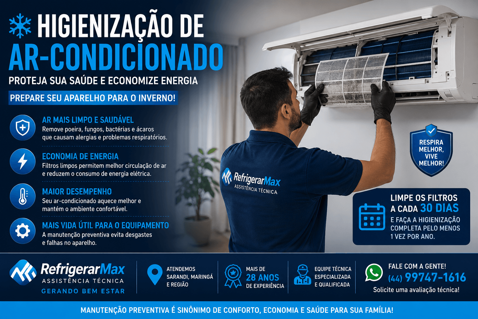 Higienização de ar-condicionado realizada por técnico especializado em equipamento split residencial.