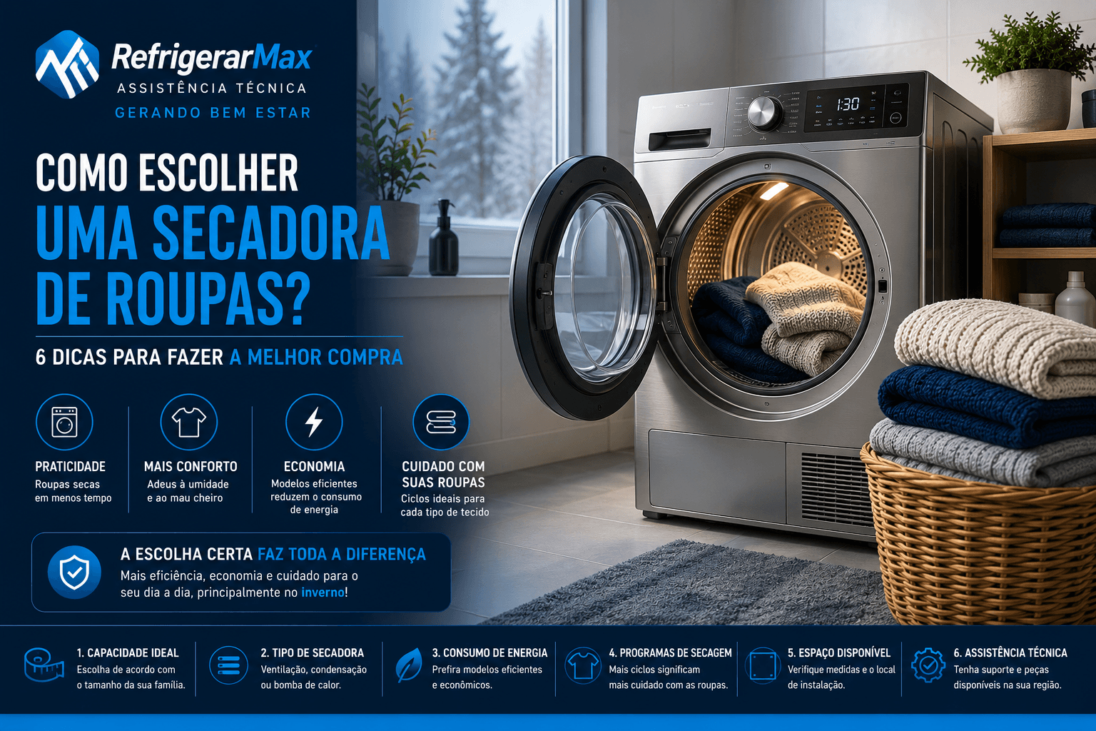 Secadora de roupas moderna instalada em lavanderia residencial com roupas de inverno prontas para secagem.