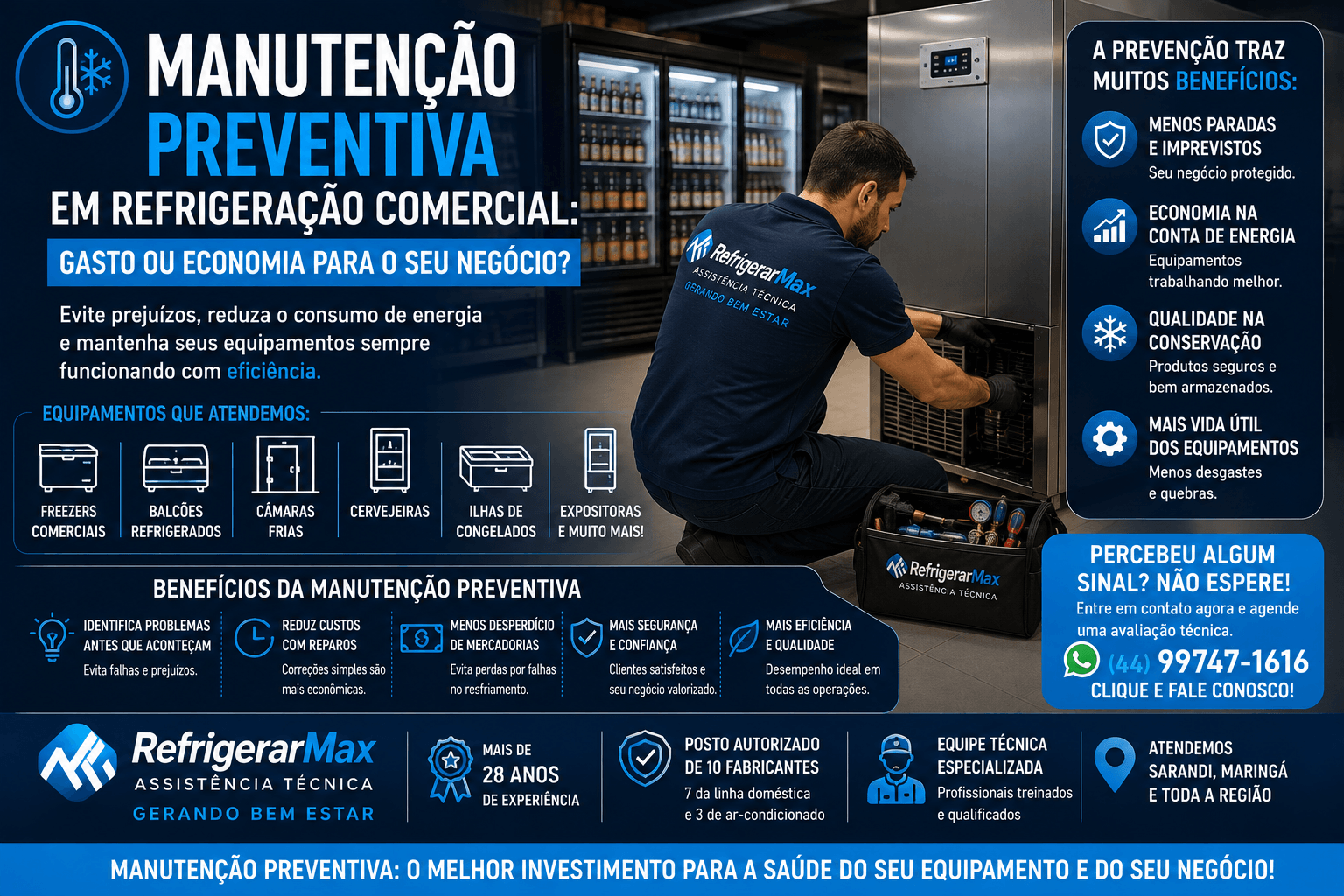 Técnico realizando manutenção preventiva em equipamento de refrigeração comercial para evitar falhas e prejuízos.