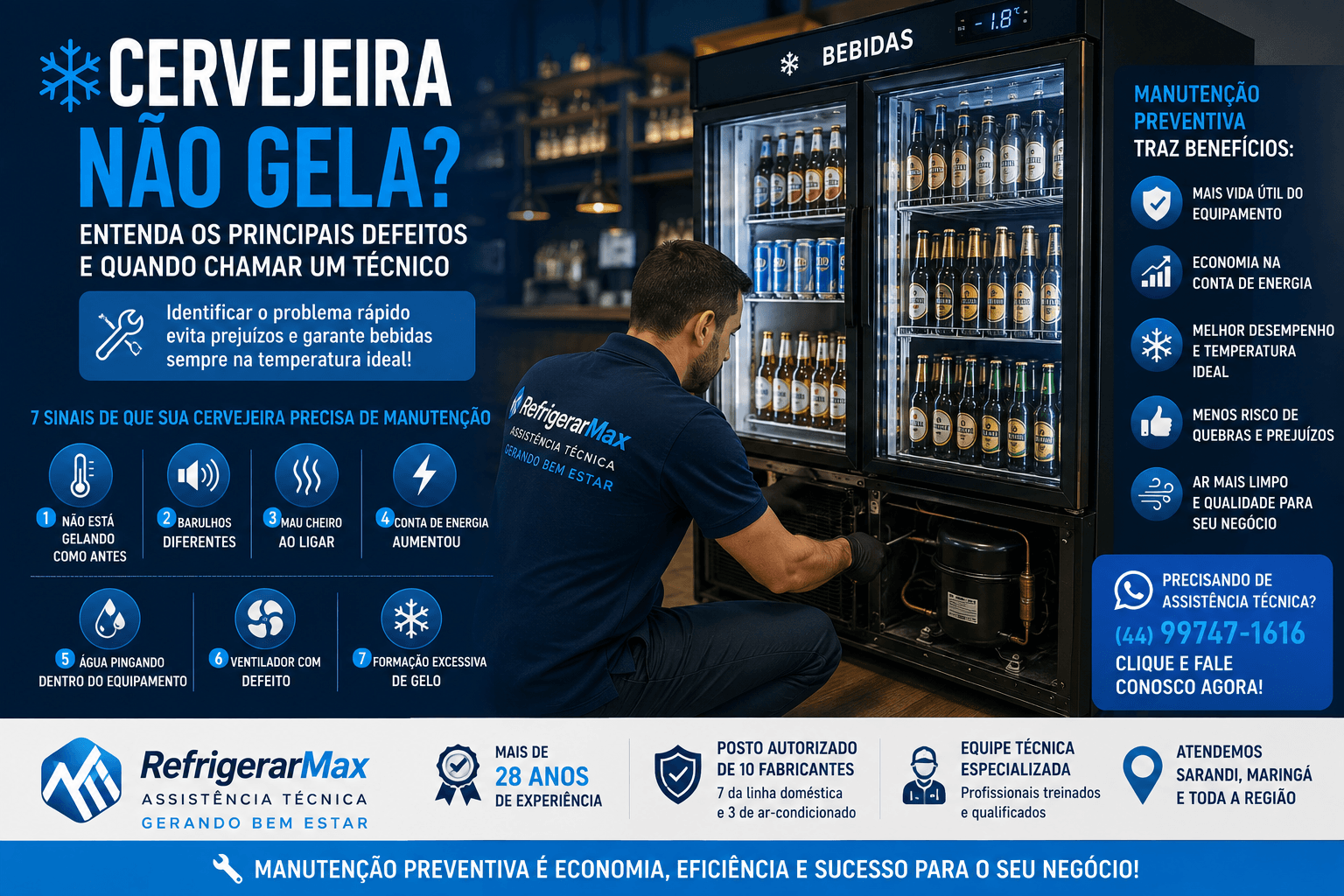 Técnico verificando cervejeira que não gela corretamente em estabelecimento comercial.